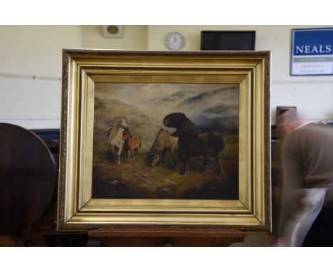 An oil on canvas portrait of four horses in a mountainous landscape, apparently unsigned. 20½ by 16½ins. In a beaded and acan