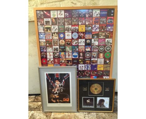A framed poster depicting one hundred and seventy six Queen albums and singles sleeves, a limited edition print of Queen, the