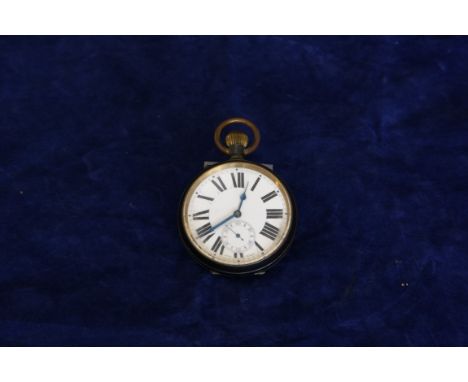 A white metal cased goliath pocket watch with brass ring finial and winding crown, the enamelled dial with substantial roman 