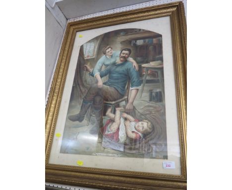 EDWARDIAN FRAMED AND GLAZED COLOURED PRINT TITLED 'ROCK'D IN THE CRADLE OF THE DEEP',  IN A GILT FRAME.