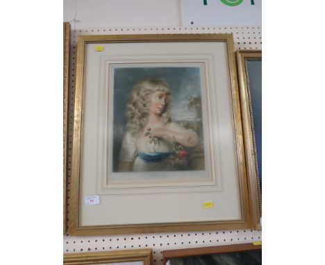 FRAMED AND GLAZED COLOURED PRINT OF WOMAN HOLDING FLOWER WITH BLIND STAMP AND PENCIL SIGNATURE.