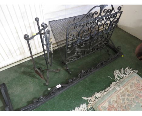 WROUGHT METAL FIRE PLACE SET COMPRISING A FIRE CURB, FIRE SCREEN AND COMPANION TOOL SET.