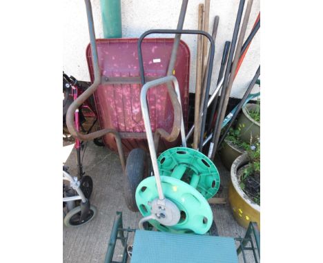 SELECTION OF GARDEN HAND TOOLS, PLASTIC WHEELBARROW, HOSE REEL, KNEELER, QUALCAST PANTHER 30 MANUAL LAWNMOWER