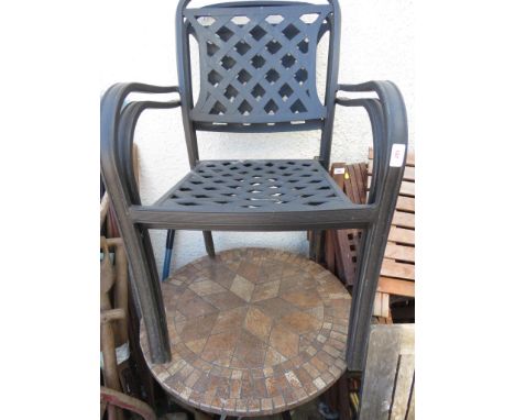 CIRCULAR GARDEN BISTRO TABLE WITH TILED TOP AND TWO METAL CHAIRS