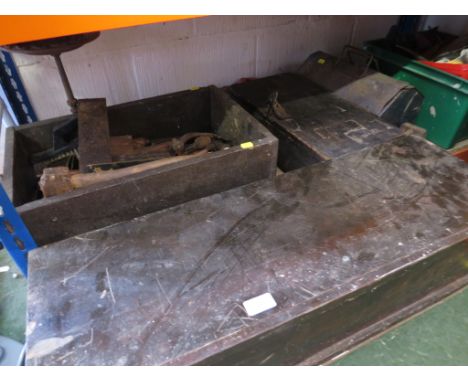 THREE WOODEN BOXES WITH CONTENTS OF HAND TOOLS , METAL TOOL BOX AND CRATE WITH CONTENTS.