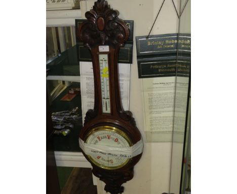 CARVED OAK MOUNTED BAROMETER AND MERCURY THERMOMETER. (AF)