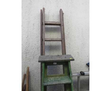 WOODEN EXTENDING LADDER AND PAINTED WOODEN STEPLADDER