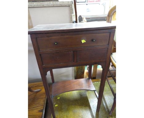 EDWARDIAN MAHOGANY BOXWOOD AND EBONY STRUNG LIFT TOP SEWING TABLE WITH TWO DRAWERS AND SHELF. (AF)