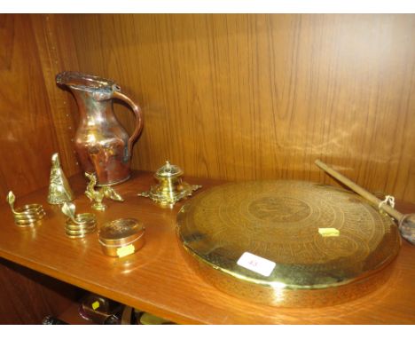 BEATEN COPPER JUG, BRASS GONG , INKWELL AND OTHER BRASS ITEMS.