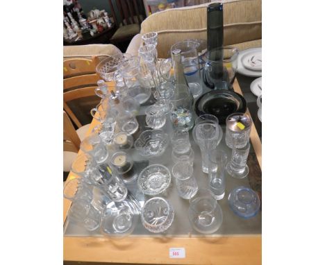 GLASS WARE, JUGS, BOWLS, CANDLE STICK HOLDERS, DRINKING GLASSES ETC.