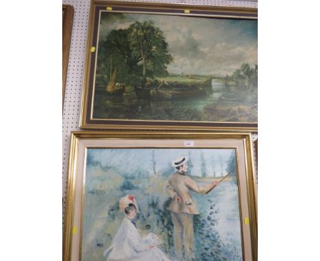 FRAMED OIL ON BOARD OF LADY AND GENT BY RIVERSIDE, TOGETHER WITH A FRAMED PRINT OF BOATS ON RIVER.