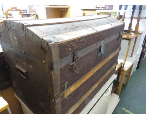 WOODEN BANDED TRAVEL TRUNK.