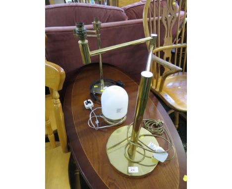 BRASS ELBOW TABLE LAMP, ONE OTHER TABLE LAMP AND A TABLE LAMP WITH GLASS SHADE.