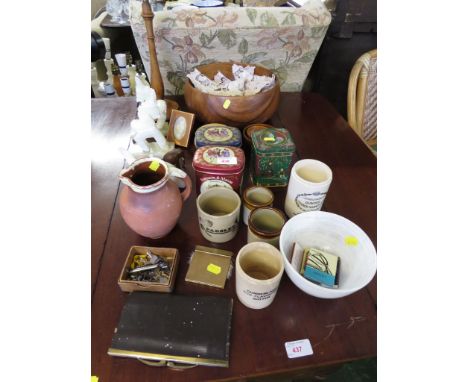 VINTAGE HOME WARE INCLUDING WOODEN TABLE LAMP (NEEDS RE-WIRING) AND FRUIT BOWL, POTTERY JUG AND JARS ETC.