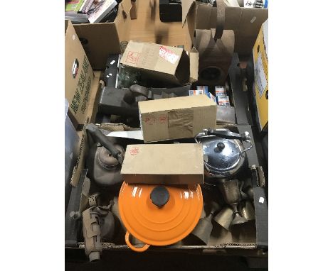 2 BOXES OF LE CREUSET  CASSEROLES COPPER KETTLE BLOW LAMP LIGHT BULBS