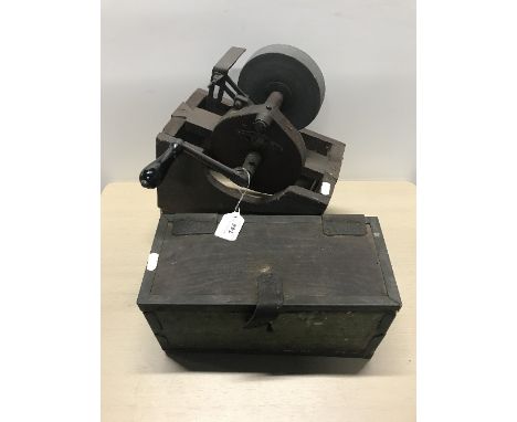 OLD HAND TURN BENCH GRINDER (NICE) BRASS BOUND SPANNER BOX