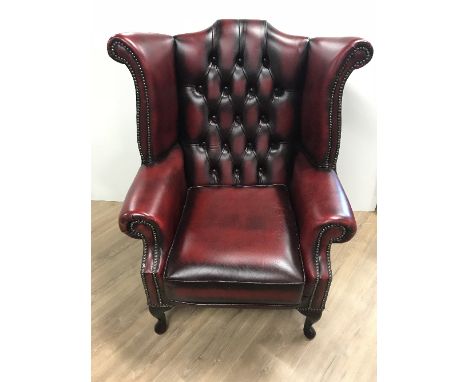 BUTTON BACK ANTIQUE RED LEATHER WINGCHAIR