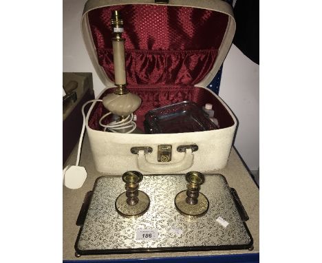 DRESSING TABLE TRAY & CANDLESTICKS CHROMED BASIGTS & LAMP