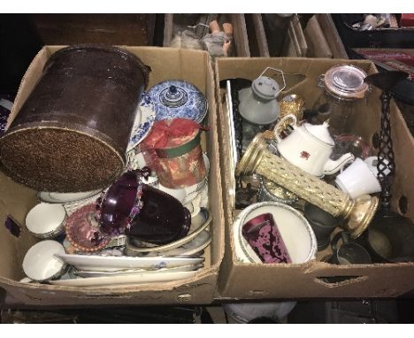 2 BOXES HOUSEHOLD CHINESE POTTERY & PORCELAIN WITH LEATHER WASTE BASKET WORCESTER
