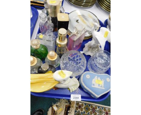 A white ceramic Asiatic pheasant, Japanese egg shell porcelain cabinet plates, empty perfume bottles, Wedgewood blue Jasperwa