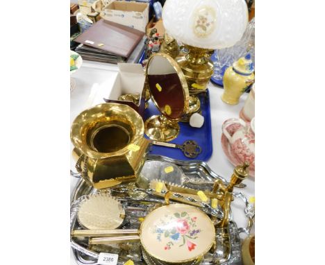 Silver plated and brasswares, serving trays, oil lamp with glass shade, etc. (1 tray and a quantity)&nbsp;&nbsp;Buyer Note: W