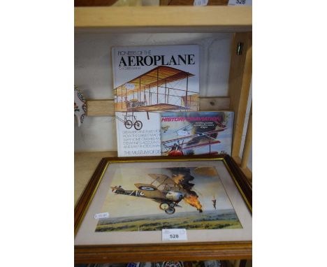 BOOKLET ON THE HISTORY OF AVIATION, PRINT OF A WWI FIGHTER PLANE IN WOODEN FRAME AND FURTHER BOOK ON AVIATION