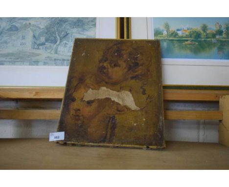 19TH CENTURY SCHOOL, PORTRAIT OF THE HEADS OF TWO YOUNG CHILDREN, OIL ON CANVAS, HEAVILY DETERIORATED AND FLAKING SURFACE