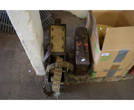 TWO MILITARY AMMUNITION TINS PLUS WEBBING BELT