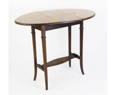 An Edwardian mahogany and chequer strung occasional table the rectangular top with two hinged leaves, raised on square taperi