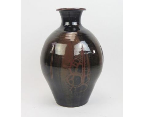 DAVID LEACH (1911-2005) for Lowerdown Pottery Large Vase in a dark brown mottled glaze, the widest part decorated with cut cu