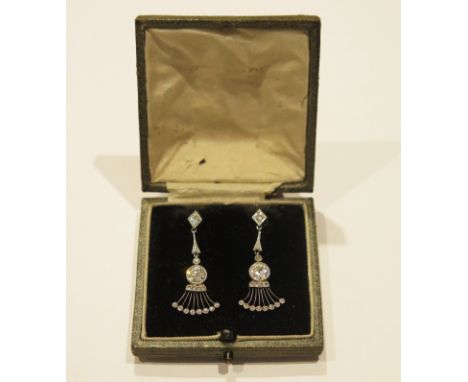 A Pair of Art Deco Style Diamond Drop Pendant Earrings in platinum setting, c. 5.3mm old cut principal stones millegrain set 