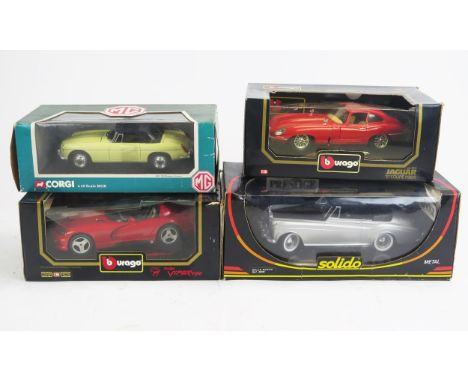 British 60's Cars 1:18 Scale Trio Including Solido Rolls Royce, Corgi MGB, Burago Jaguar E Type plus Burago Dodge Viper RT/10