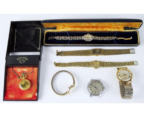 A ROTARY Marcasite Cocktail Watch (cased and running), TIMEX gold plated wristwatch (running), SEKONDA and AVIA ladies watche