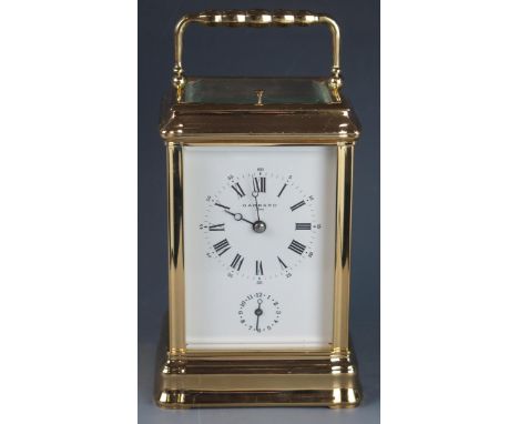 L'Epee a contemporary French Garrard retailed lacquered brass carriage clock, with 7.5cm Roman dial with subsidiary alarm dia