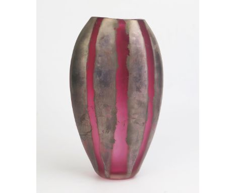 Adam Aaronson Art Glass Vase of Elongated Ovoid Form in pink with silvered stripes, etched signed along the side of the base,