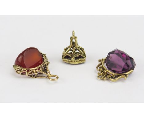 Three Hallmarked 9ct Gold Fobs with amethyst, carnelian and garnet, 16.37g 