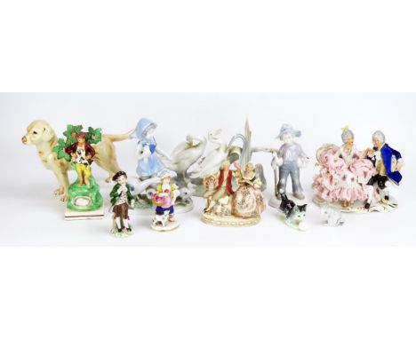 A collection of continental porcelain figurines, various factories, includes gallants and lady's, Goebel dog, Lladro geese et