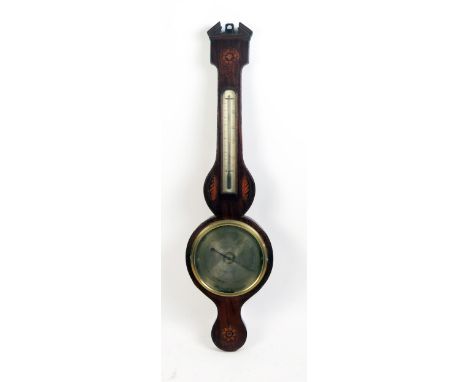 P Fosanelli, Bishops Castle, a 19th century mahogany and inlaid wheel barometer, the case with broken arch pediment, foliate 
