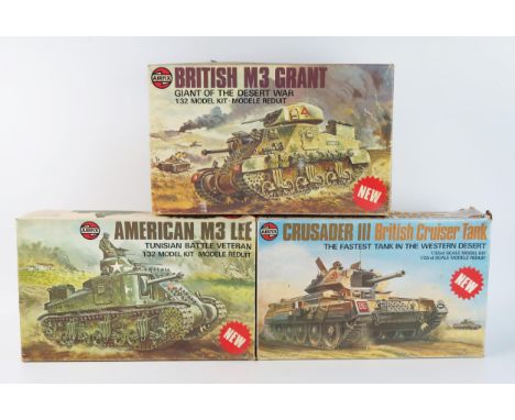 3 Airfix 1:32 Scale Model Tank Kits including Crusader III, British M3 Grant, American M3 Lee - all appear complete and unmad