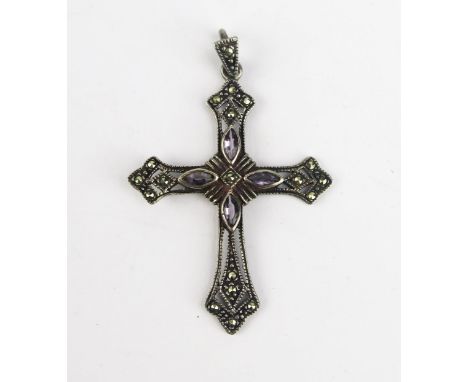 A Silver, Marcasite and Amethyst Cross Pendant, 50mm drop,  4.1g 