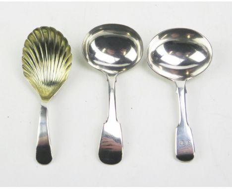 A George III silver Fiddle pattern caddy spoon, maker Edward Mayfield, London, 1802, with shell-shaped bowl, another caddy sp