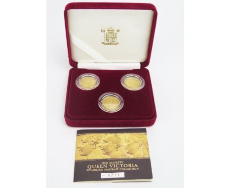 A Royal Mint Her Majesty Queen Victoria Sovereign Portrait Collection Three Coin Set _1878, 1890 and 1894. Boxed with COA No.