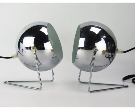 A pair of polished chrome globe table lamps, on V-shaped stands, 16cm diameter. 