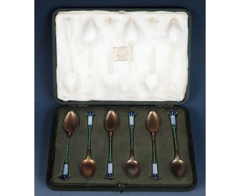 Liberty &amp; CO, a set of six Norwegian silver gilt and enamel Art Nouveau period coffee spoons, bears import marks for Birm