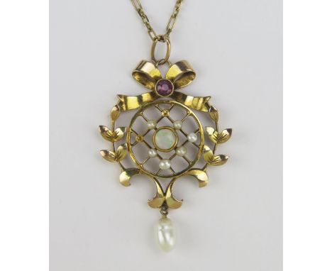 A 9ct Gold, Opal, Pink Stone and Pearl or Cultured Pearl Pendant with an acorn shaped suspended pearl, c. 43.6mm drop (stampe