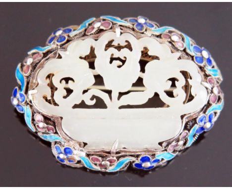 A Chinese Jade and Enamel Brooch in a silver filigree setting, 47.3x34.7mm, 16.44g 