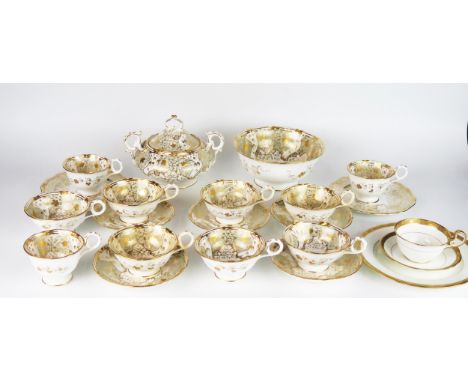 A Davenport part tea service, with gilt floral decoration, includes six cups, three coffee cups, five saucers, two side plate