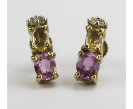 A 9ct Gold, Diamond, Citrine and Amethyst Drop stud Earrings, 12.5mm drop, hallmarked, 1.79g 