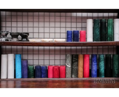 A quantity of cylindrical 'marble' style tea light holders, various colours and heights (32)