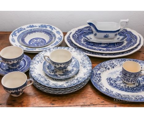 A small quantity of blue & white china, including meat plates, soup bowls, cups, saucers, etc., various dates and makers (qty